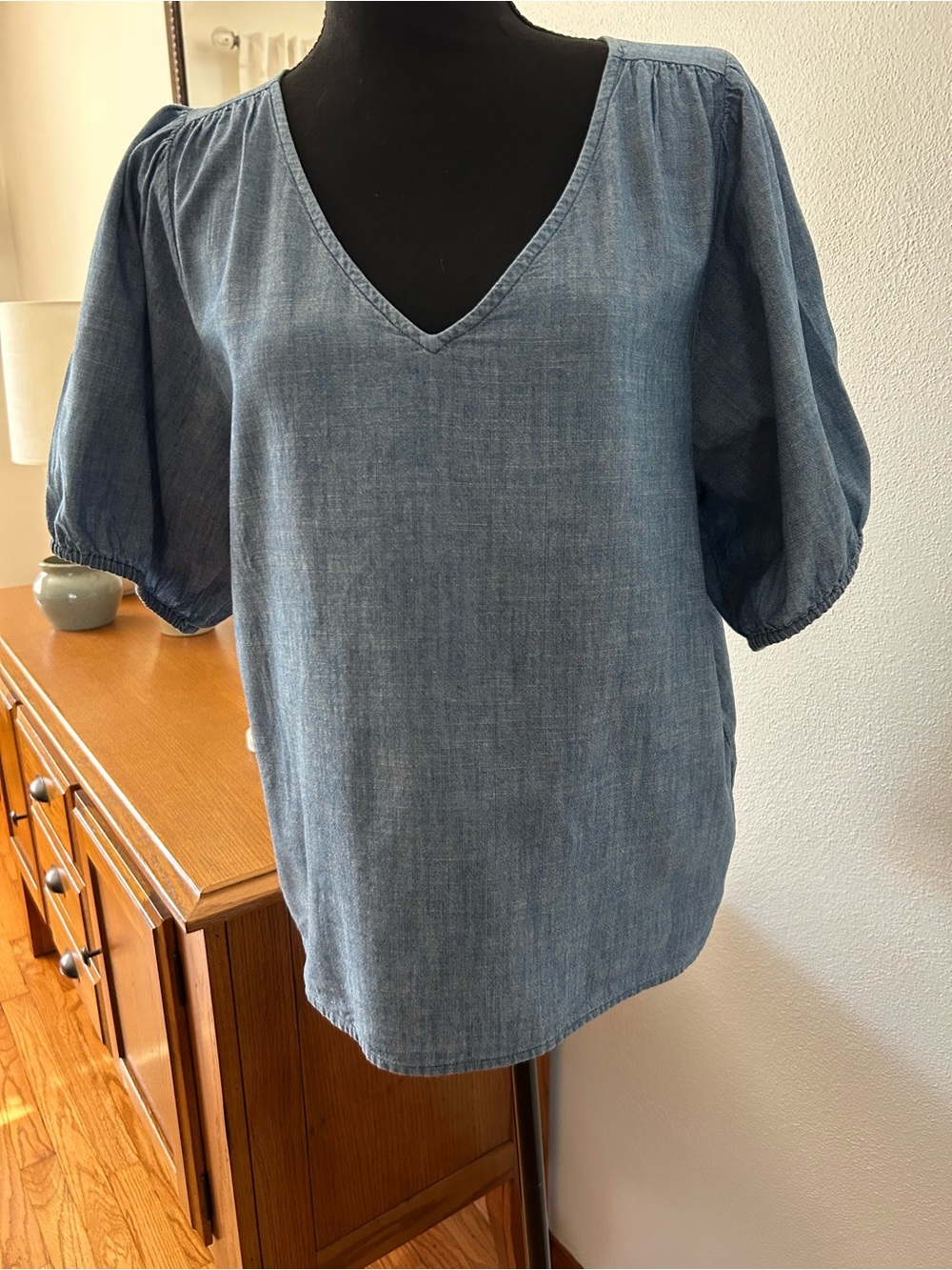 J. Crew Light Blue Chambray V-Neck Puff Sleeve Blouse